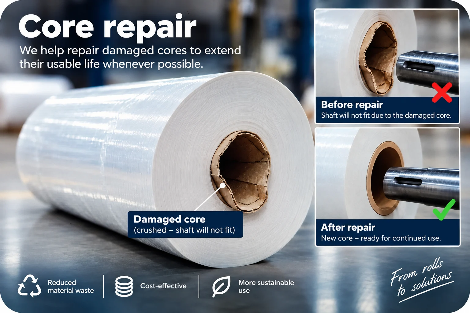 Core repair for damaged roll cores